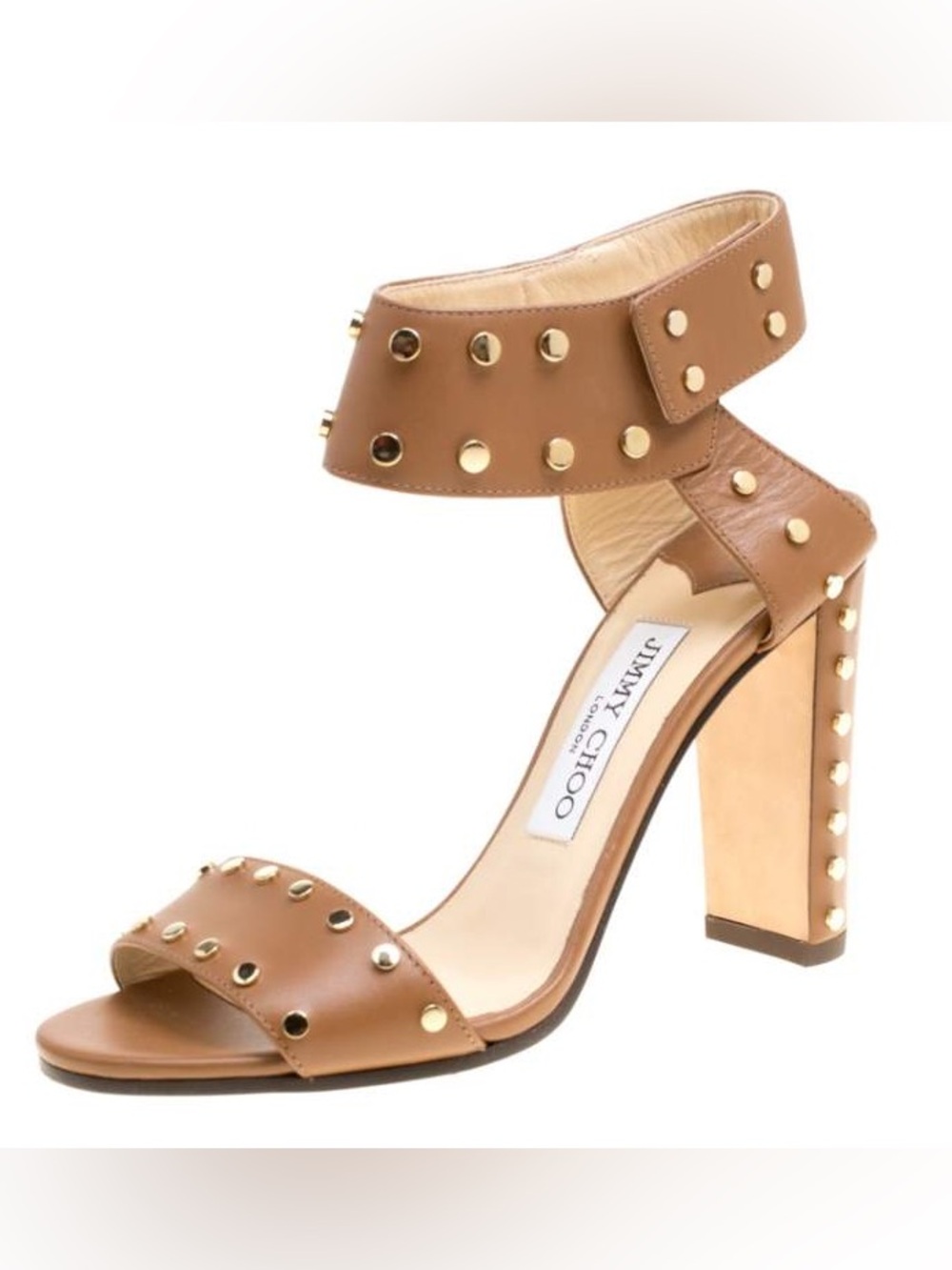 Jimmy Choo Veto Gold Studded Sandals 100 Brown Caramel Sz 38.5 / 8.5